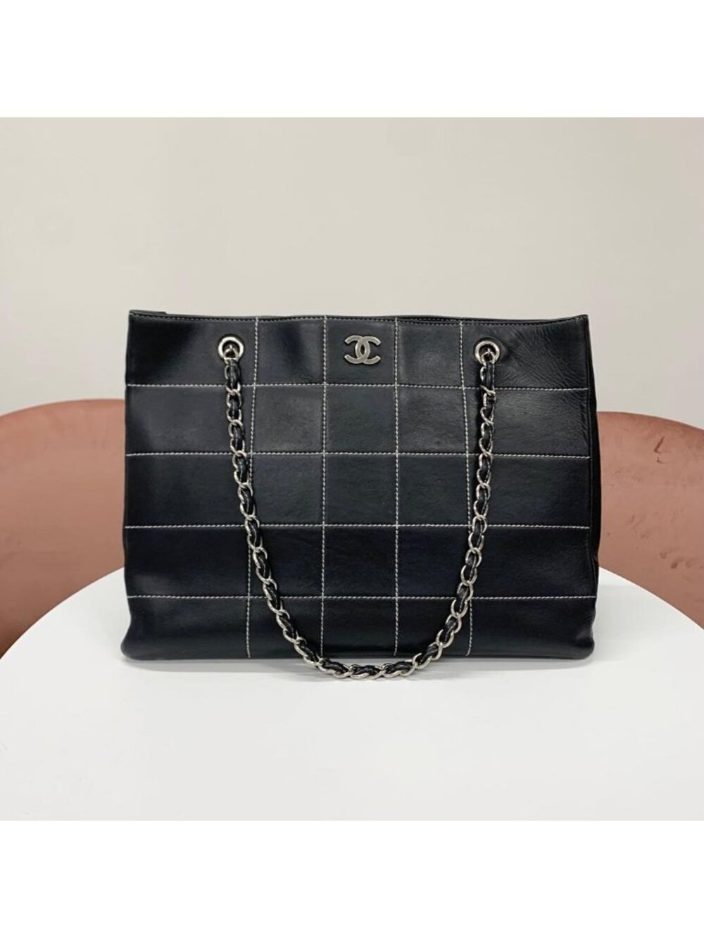 Chanel Choco Bar Leather CC Logo Chain Tote Black